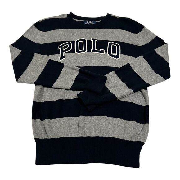 VTG Polo Ralph Lauren BIG Logo Spell Out‎ Striped Sweater Large - Picture 1 of 12